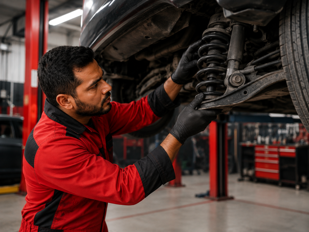 Mechanic inspecting a car’s suspension components, including the coil spring, strut, and control arm