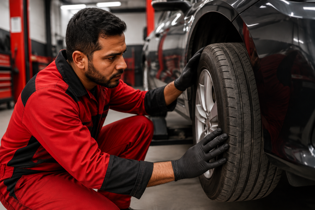 Mechanic inspecting a car tyre for signs of wear and checking the tread condition before tyre replacement.