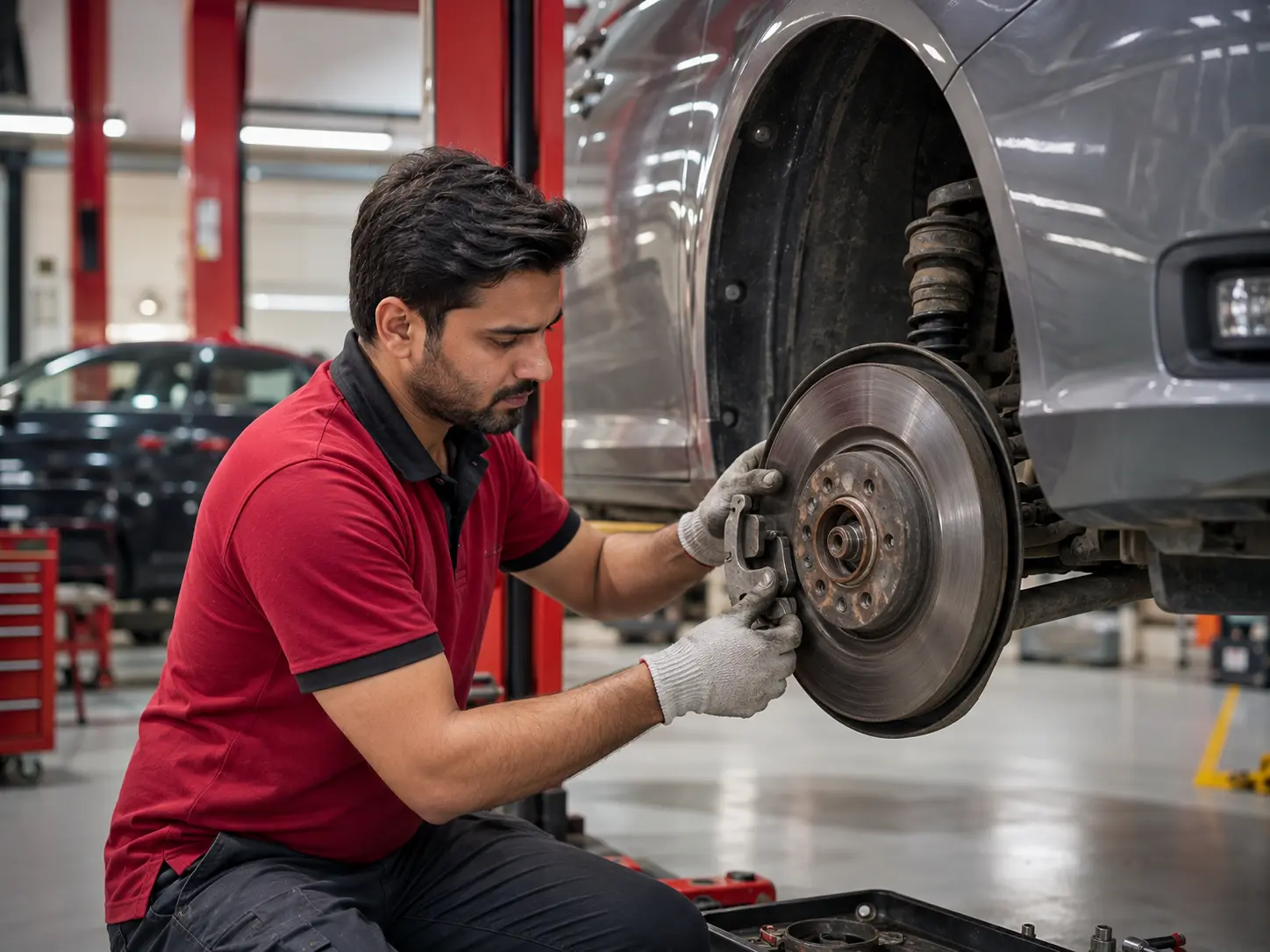 Mechanic inspecting a car brake rotor and caliper