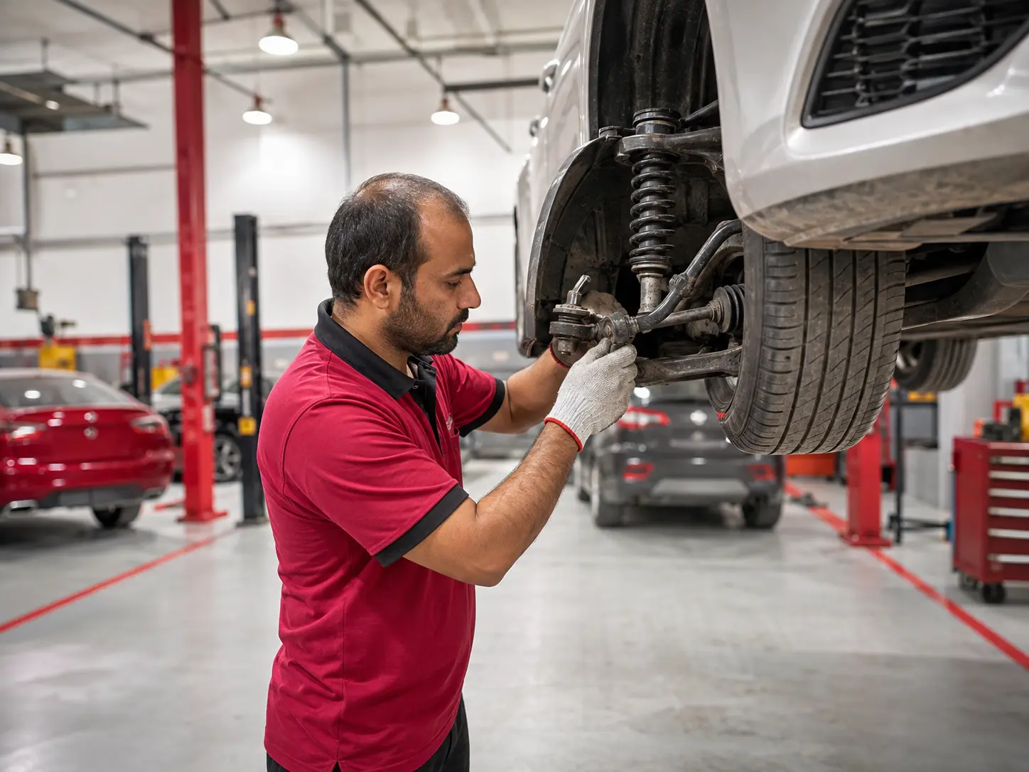 Mechanic inspecting a car’s suspension and steering components in a workshop.