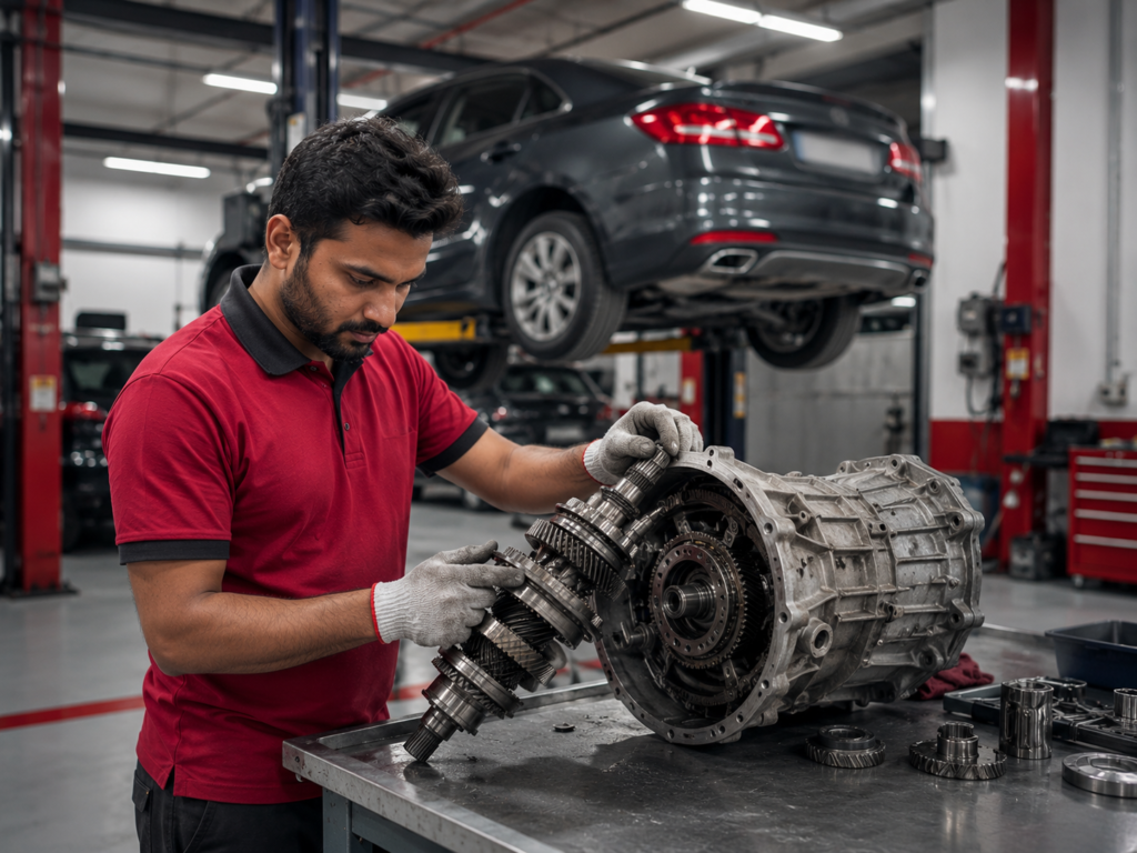 Mechanic inspecting a car gearbox and transmission components