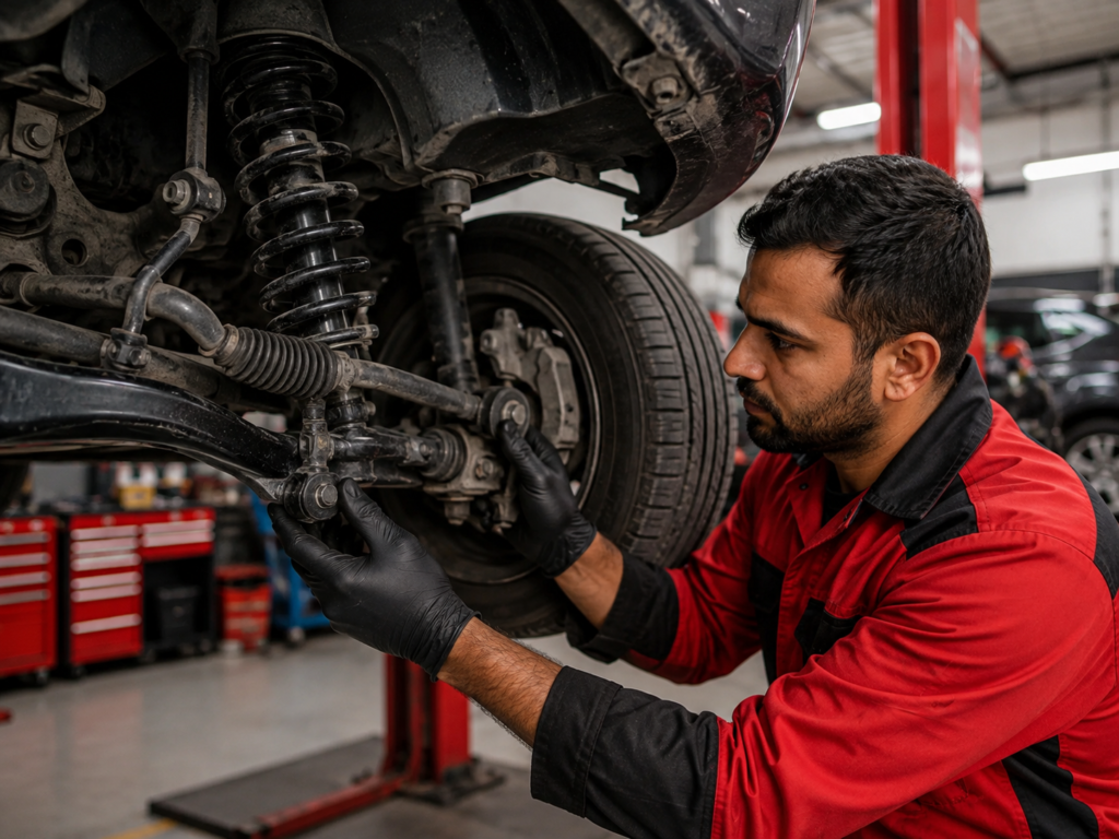 Mechanic inspecting a vehicle’s suspension and steering components, including the coil spring, strut, control arm, and steering linkage.