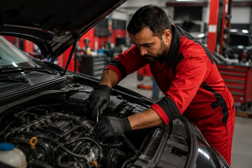 Auto technician inspecting and repairing engine components under the hood of a car.