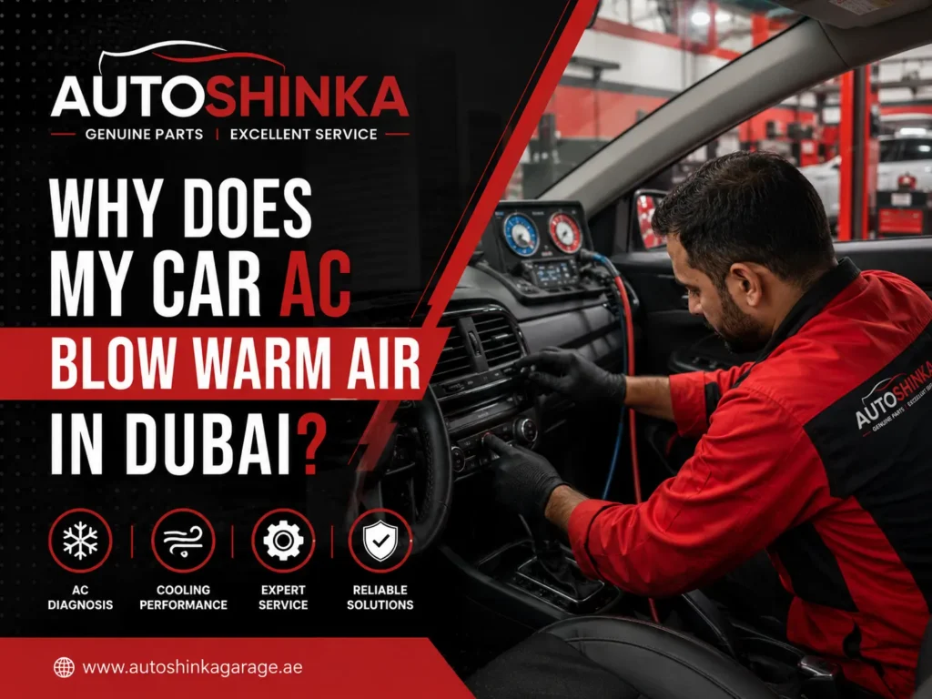 Car AC Blow Warm Air in Dubai – AutoShinka mechanic diagnosing a vehicle air conditioning system