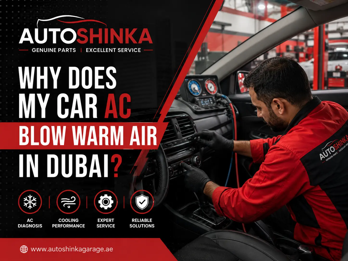 Car AC Blow Warm Air in Dubai – AutoShinka mechanic diagnosing a vehicle air conditioning system