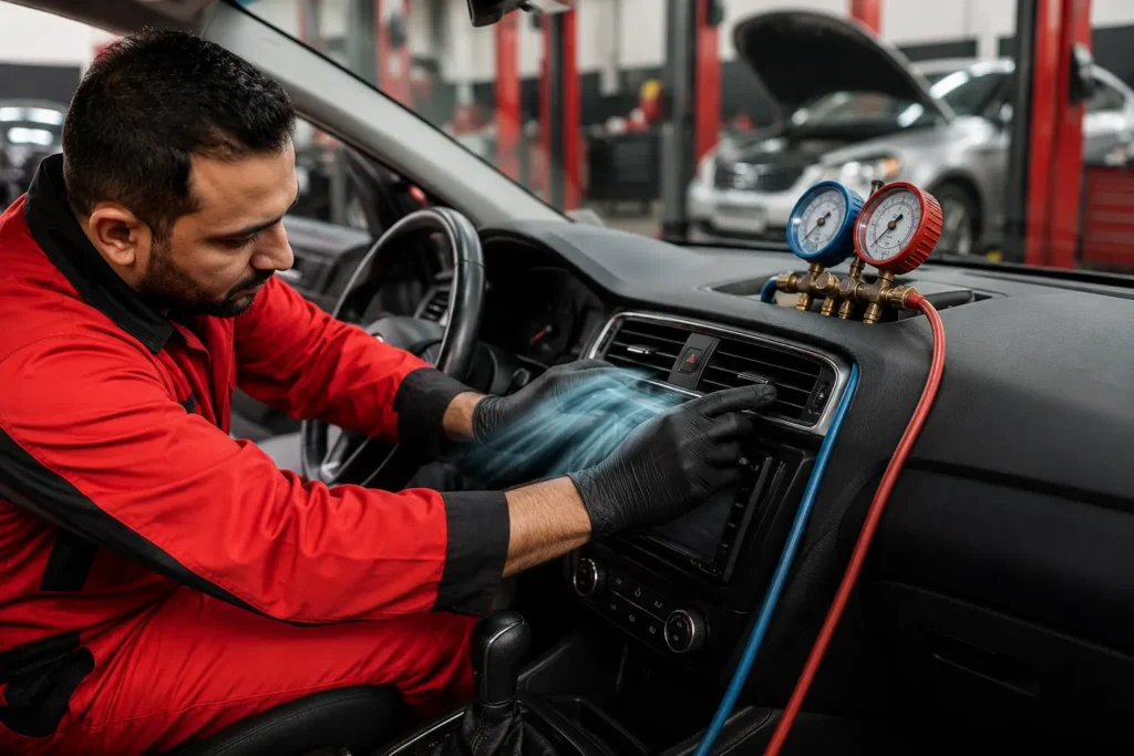 Car AC technician checking the air conditioning system and dashboard vents inside a vehicle.