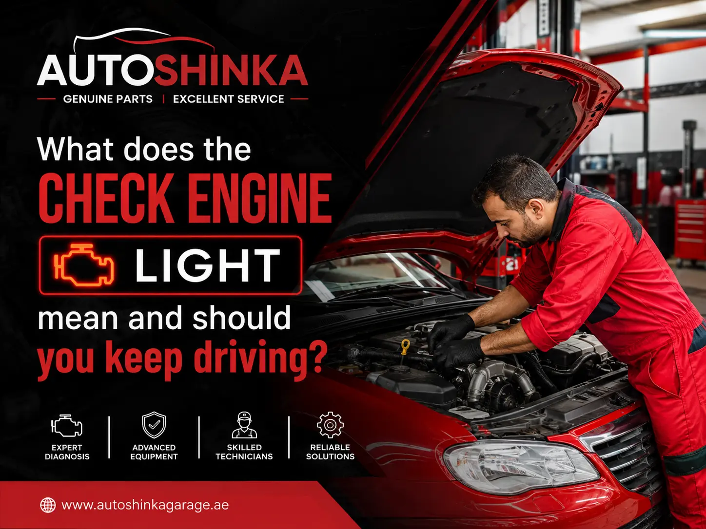 What Does the Check Engine Light Mean – AutoShinka mechanic diagnosing a car engine in Dubai.