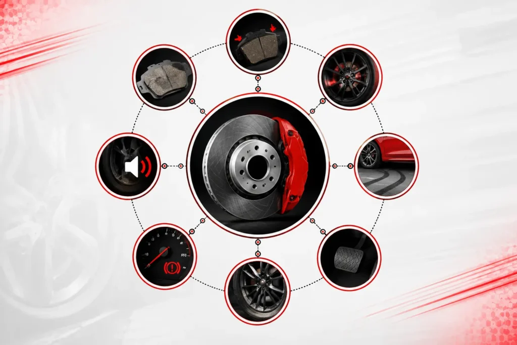 Automotive infographic showing brake pad wear signs and related brake system warning indicators, including worn brake pads, brake noise, wheel vibration, brake warning light, and pedal issues.