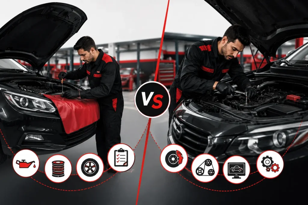 Comparison of minor and major car service, showing routine maintenance checks alongside detailed inspections and repairs.