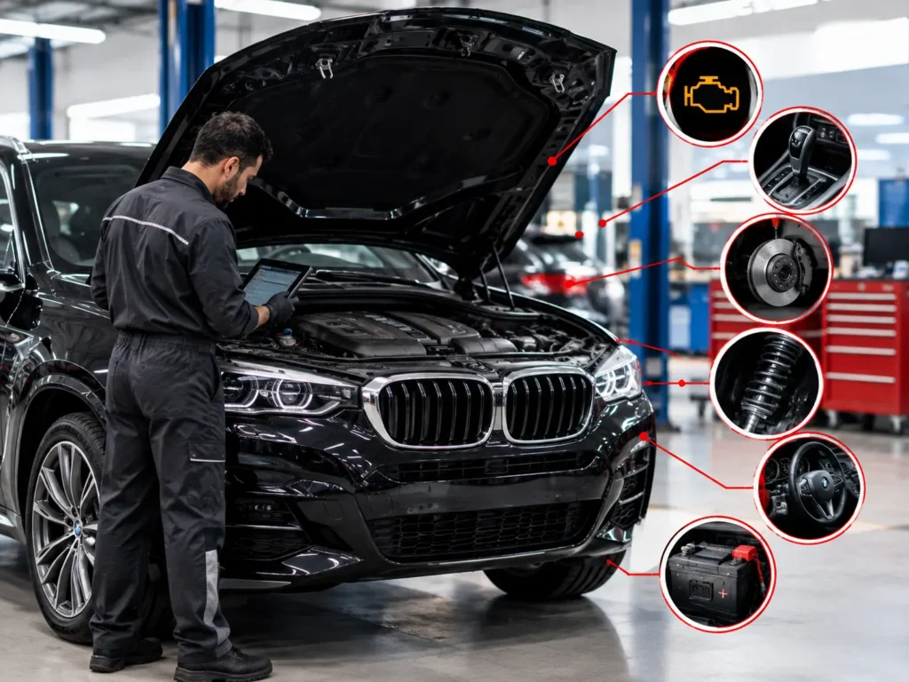 BMW SUV being inspected by a mechanic in a workshop, with visual indicators highlighting common engine, transmission, brake, suspension, steering, and battery faults