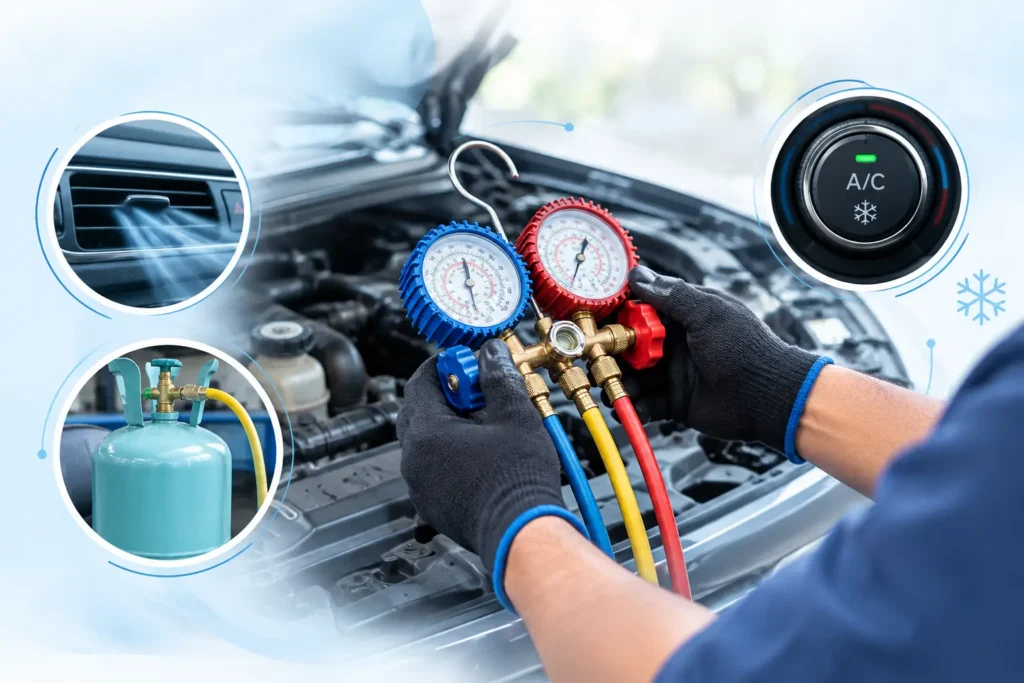 Checking car refrigerant levels with an A/C pressure gauge and engine bay