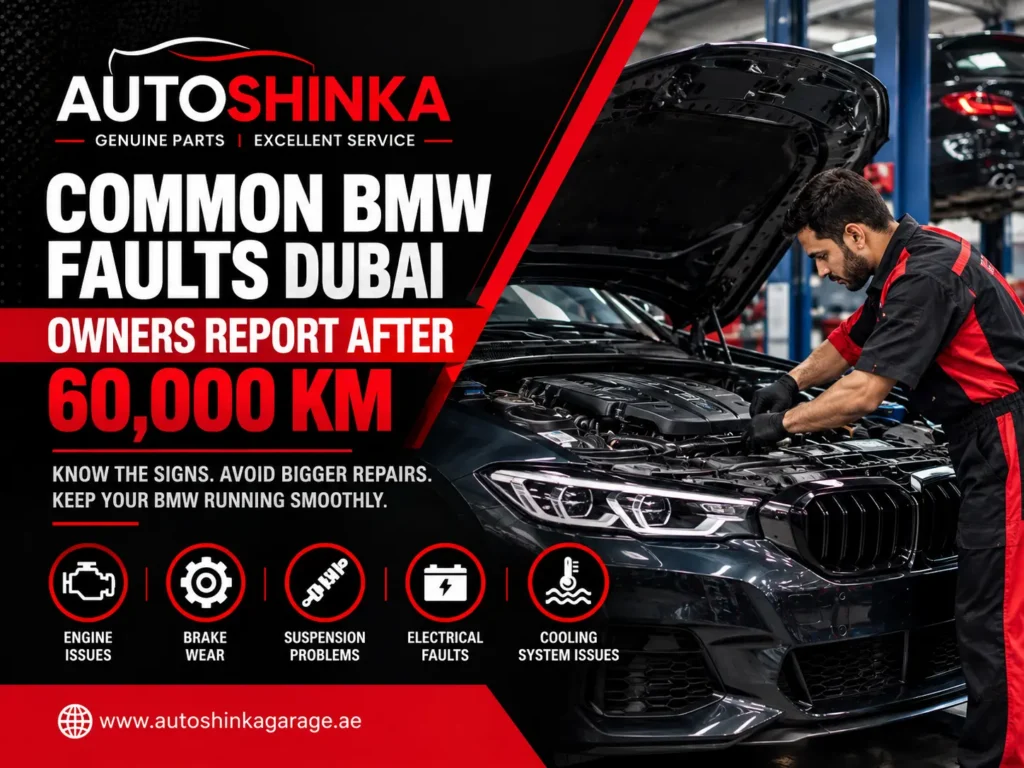 BMW SUV being inspected by a mechanic in a Dubai garage, highlighting common engine, brake, suspension, electrical, and cooling system faults after 60,000 km