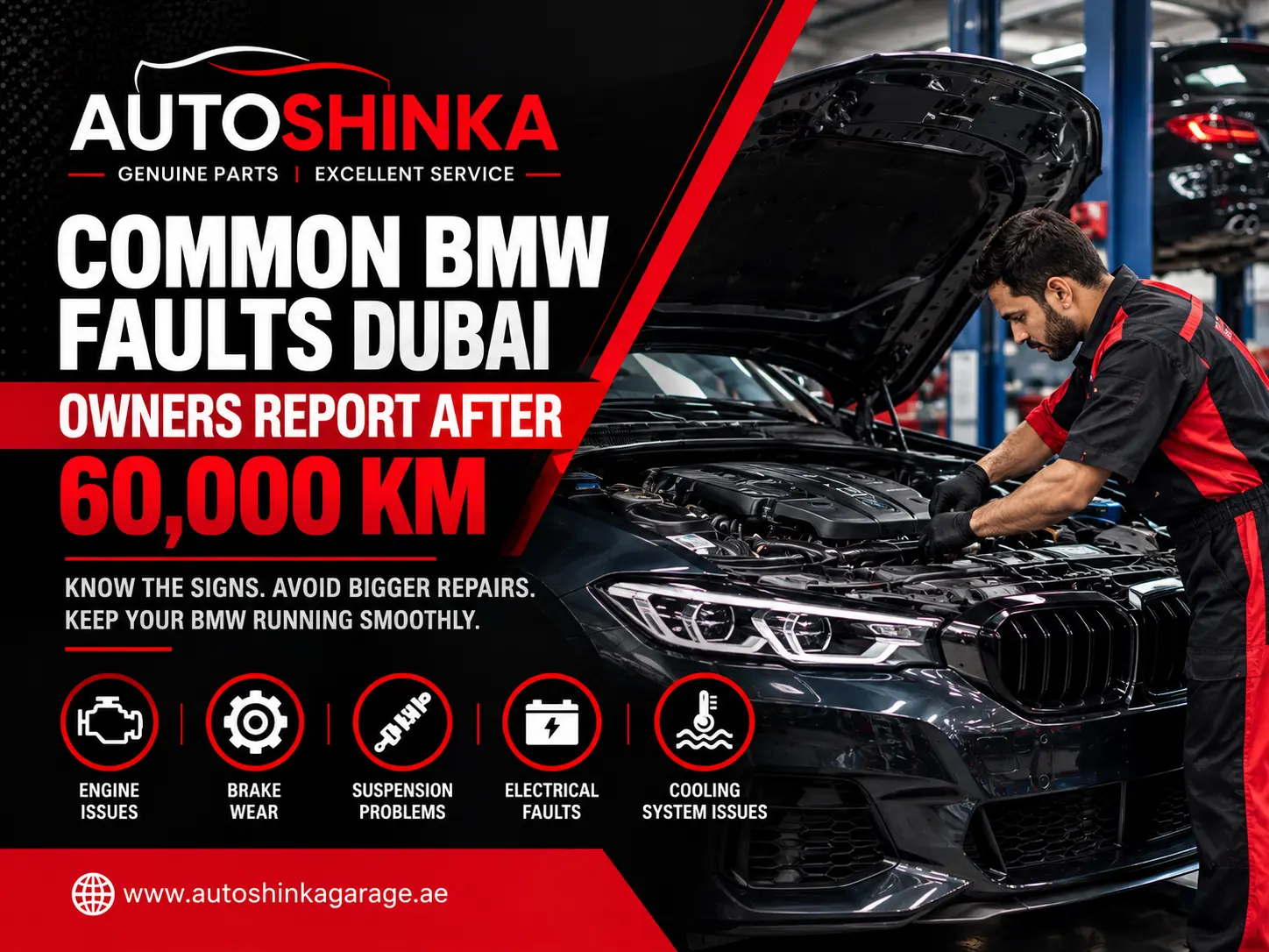 BMW SUV being inspected by a mechanic in a Dubai garage, highlighting common engine, brake, suspension, electrical, and cooling system faults after 60,000 km