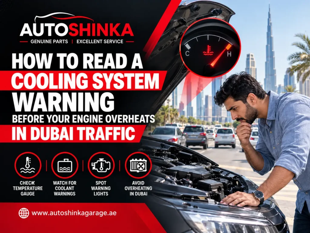 Cooling system warning and engine overheating signs in Dubai traffic, with a mechanic inspecting a car under the hood