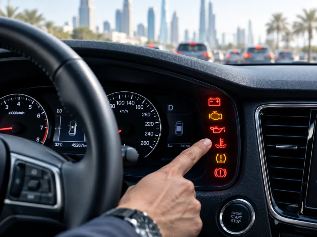 Dashboard warning lights in a car showing engine, coolant, oil, and battery warnings in Dubai traffic.