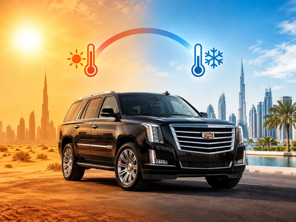 Black luxury SUV shown between Dubai desert heat and city surroundings, illustrating how Dubai’s hot climate can affect an Escalade