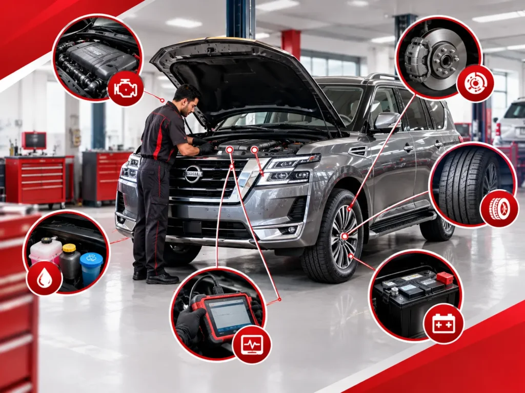 Nissan Patrol service checklist showing a mechanic inspecting the engine, brakes, tyres, battery, fluids, and vehicle diagnostics.  