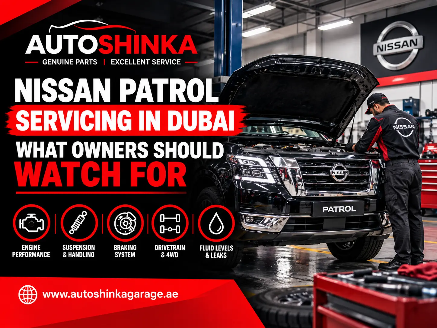 Nissan Patrol servicing in Dubai highlighting key maintenance checks and warning signs in an automotive garage.