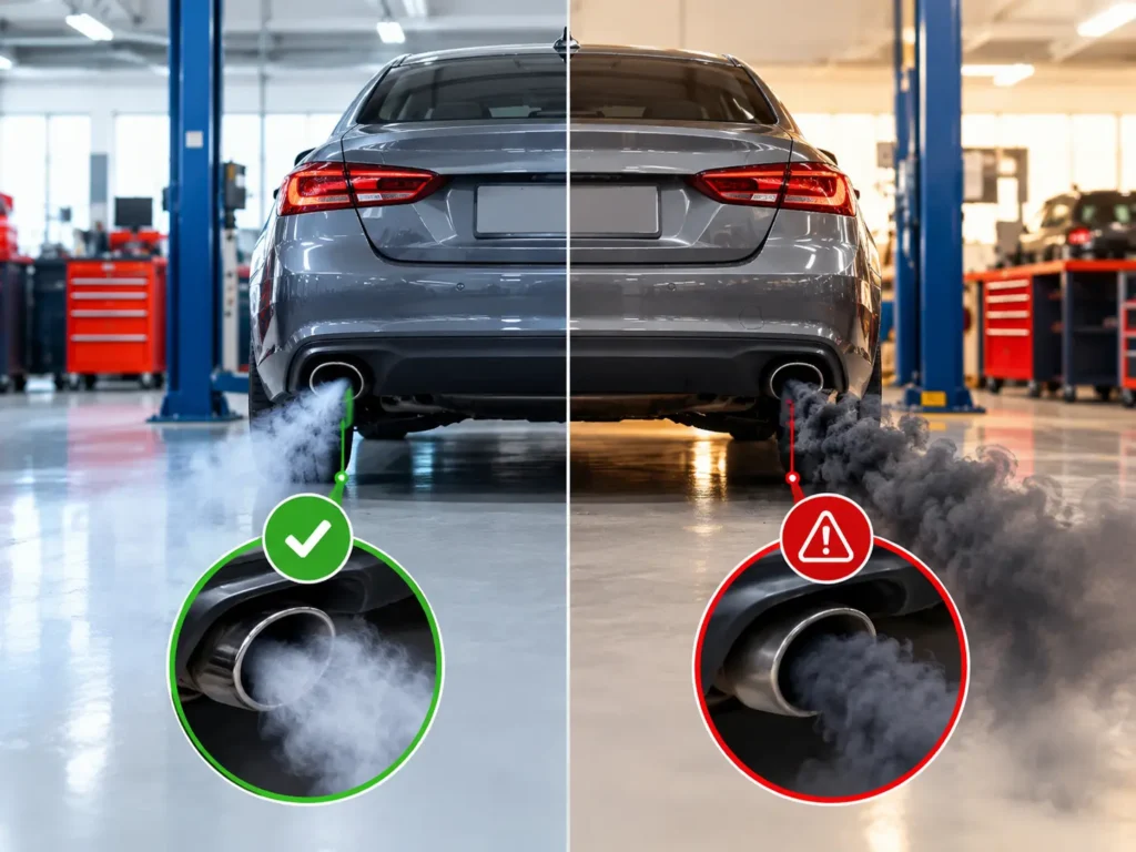 Comparison of normal white exhaust vapor and excessive dark exhaust smoke from a car, illustrating the difference between harmless condensation and potential engine problems.