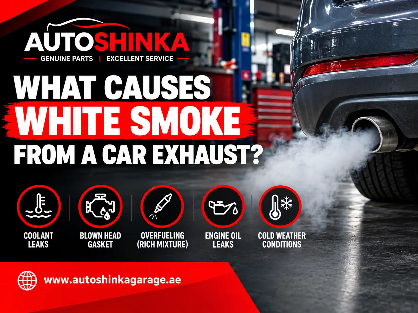 Rear view of a car releasing white exhaust smoke inside an auto workshop, highlighting possible causes of exhaust smoke and engine problems.