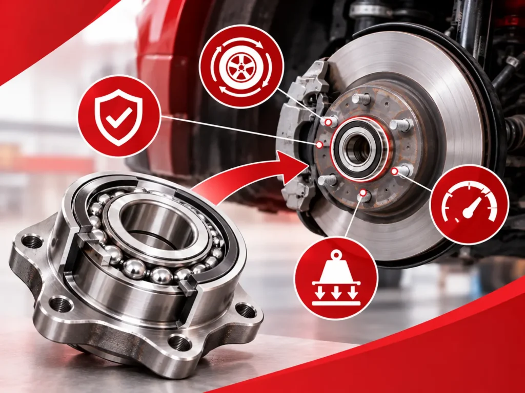 Automotive wheel bearing assembly showing the bearing, wheel hub, and brake rotor to illustrate how a wheel bearing supports smooth wheel rotation and vehicle stability.